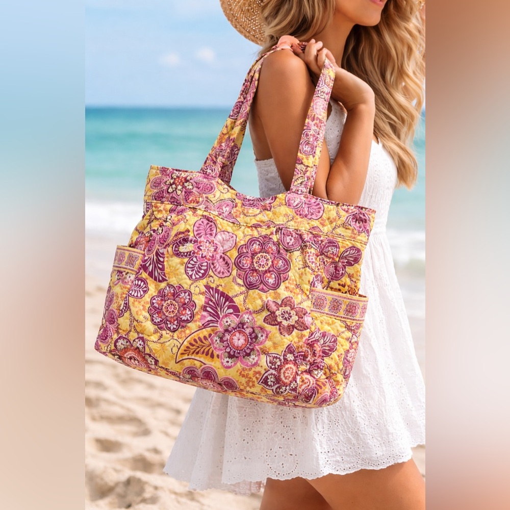 Vera Bradley Yellow Pink Floral Quilted Tote Bag Large Travel Shoulder Bag